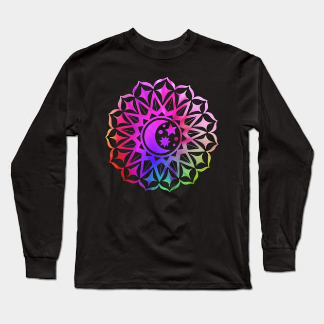 Mandala Moon Stars Multi Color Tie Dye Yoga Design Buddhist Long Sleeve T-Shirt by JaydeMargulies
